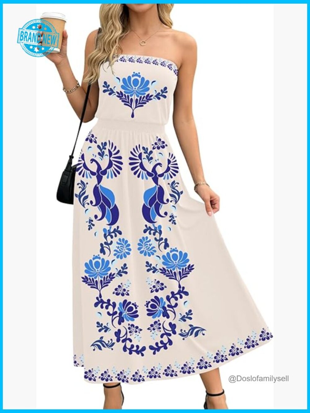 Strapless Maxi Dress Flowy Bohemian Casual Beach Cover Up Elastic Waist